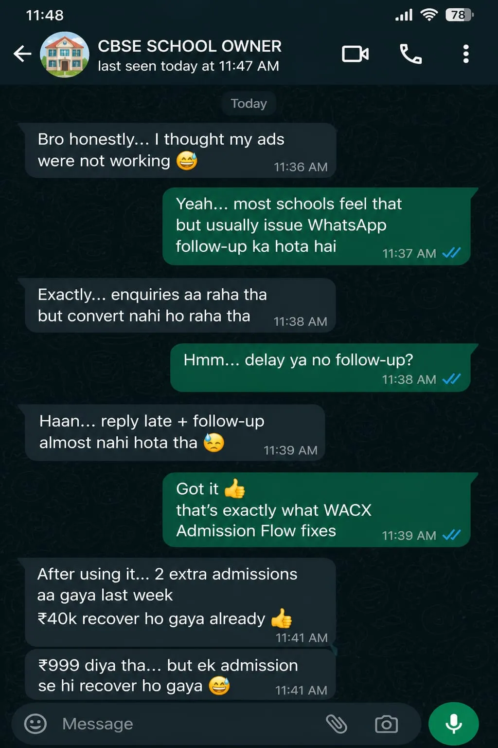 WhatsApp Testimonial showing Manoj Kumar's review